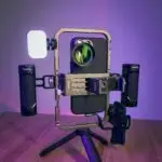 Innovative smartphone rig setup for professional video production with lighting gear.