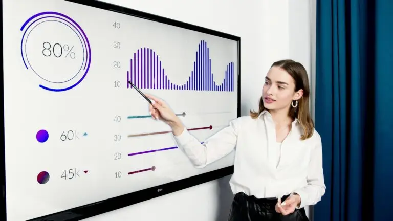 Businesswoman presenting data on a large digital screen in a modern office setting.